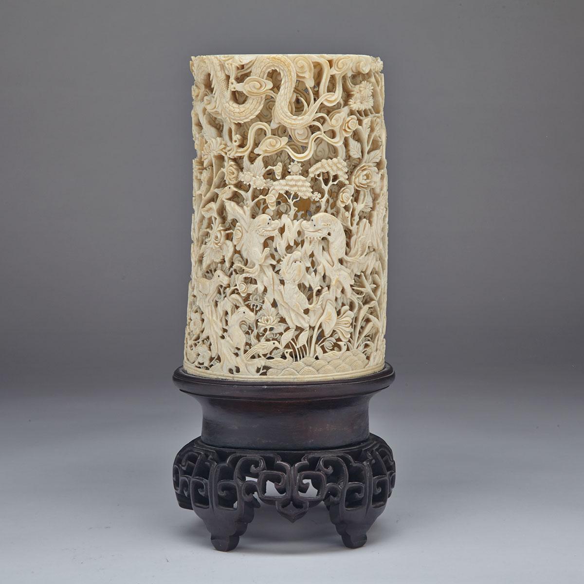Large Ivory Carved ‘Birds of Paradise’ Reticulated Vase, Circa 1940’s