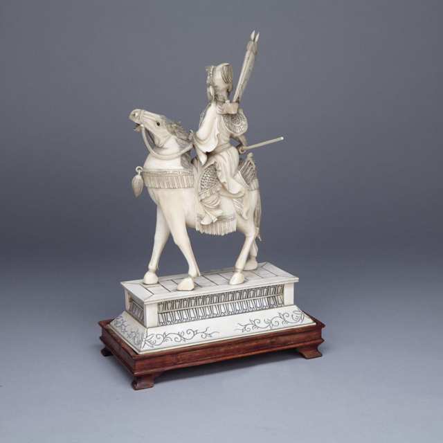 Ivory Carved Female Warrior and Horse Group, Circa 1940