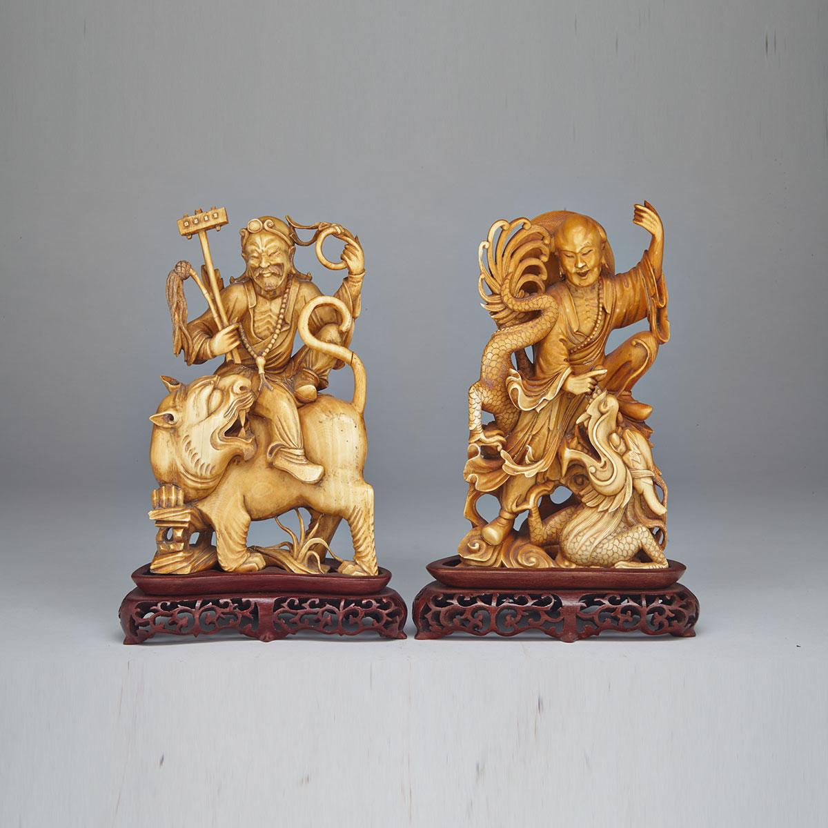 Two Large Ivory Carved Stained Daoist Immortals, Circa 1940’s