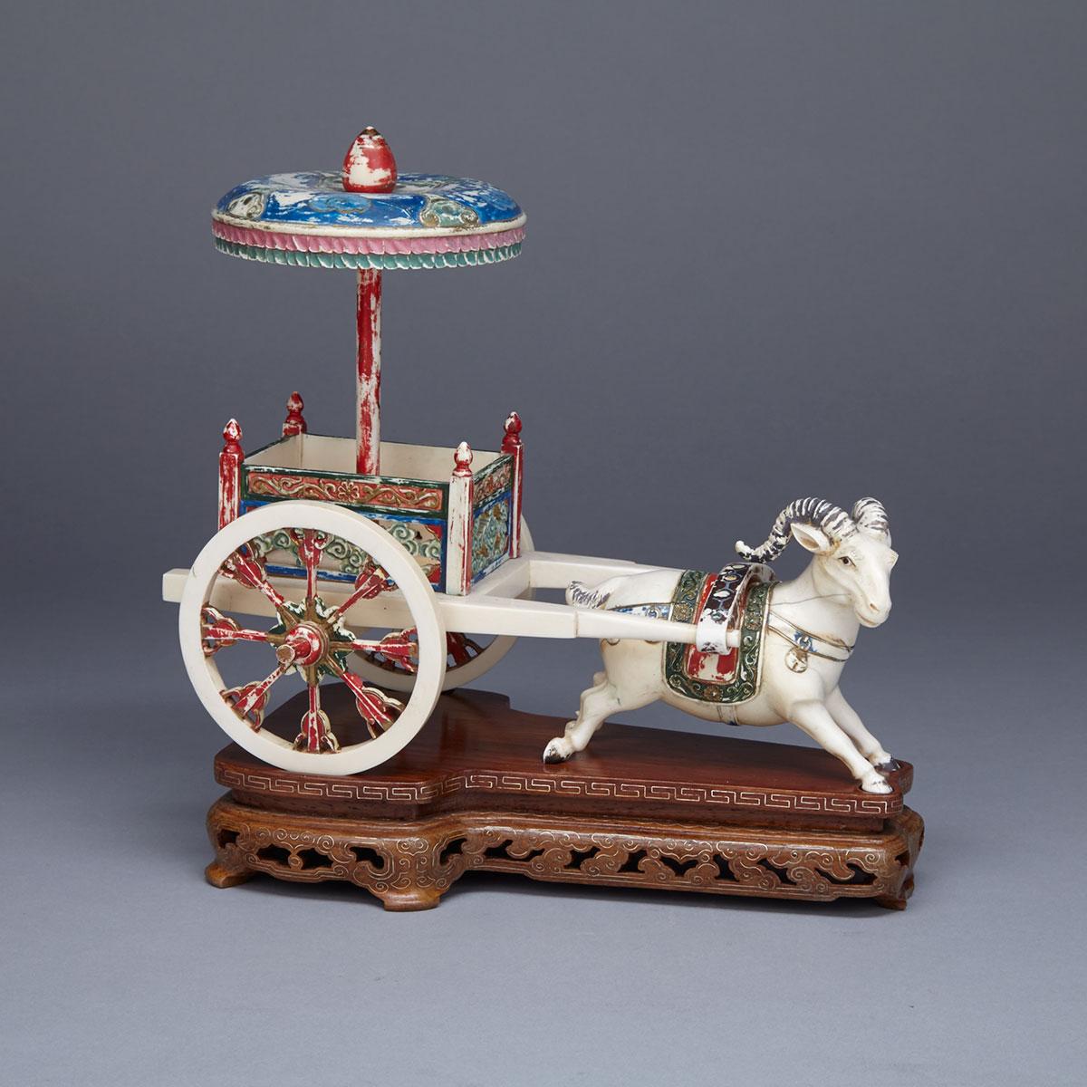 Tinted Ivory Carved Ram and Cart Group, Circa 1940