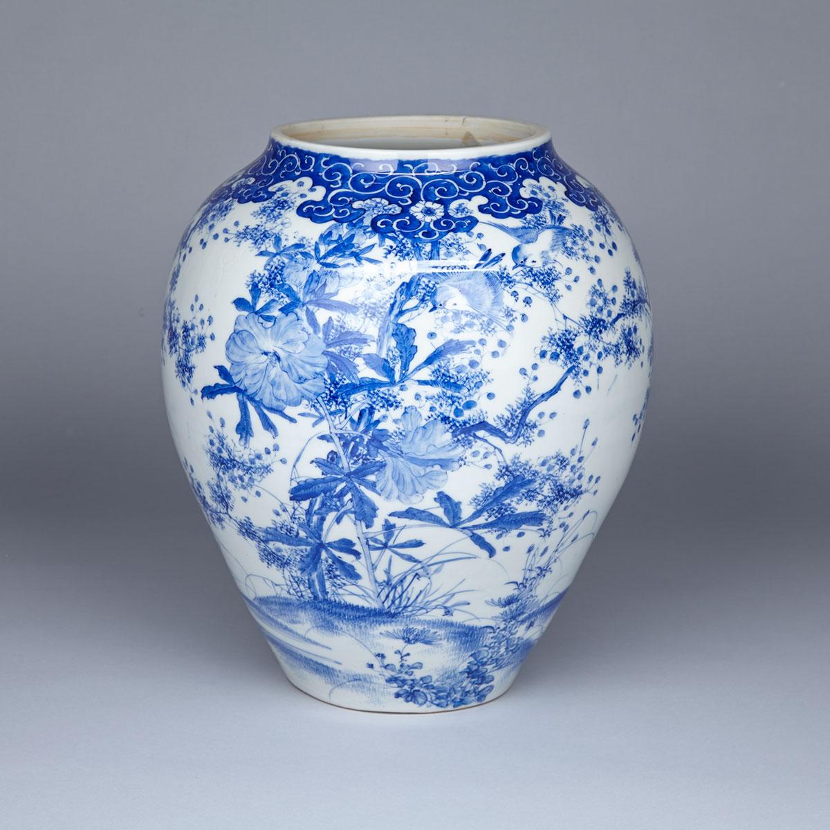 Large Blue and White Arita Floral Jar, Meiji Period, 19th Century 