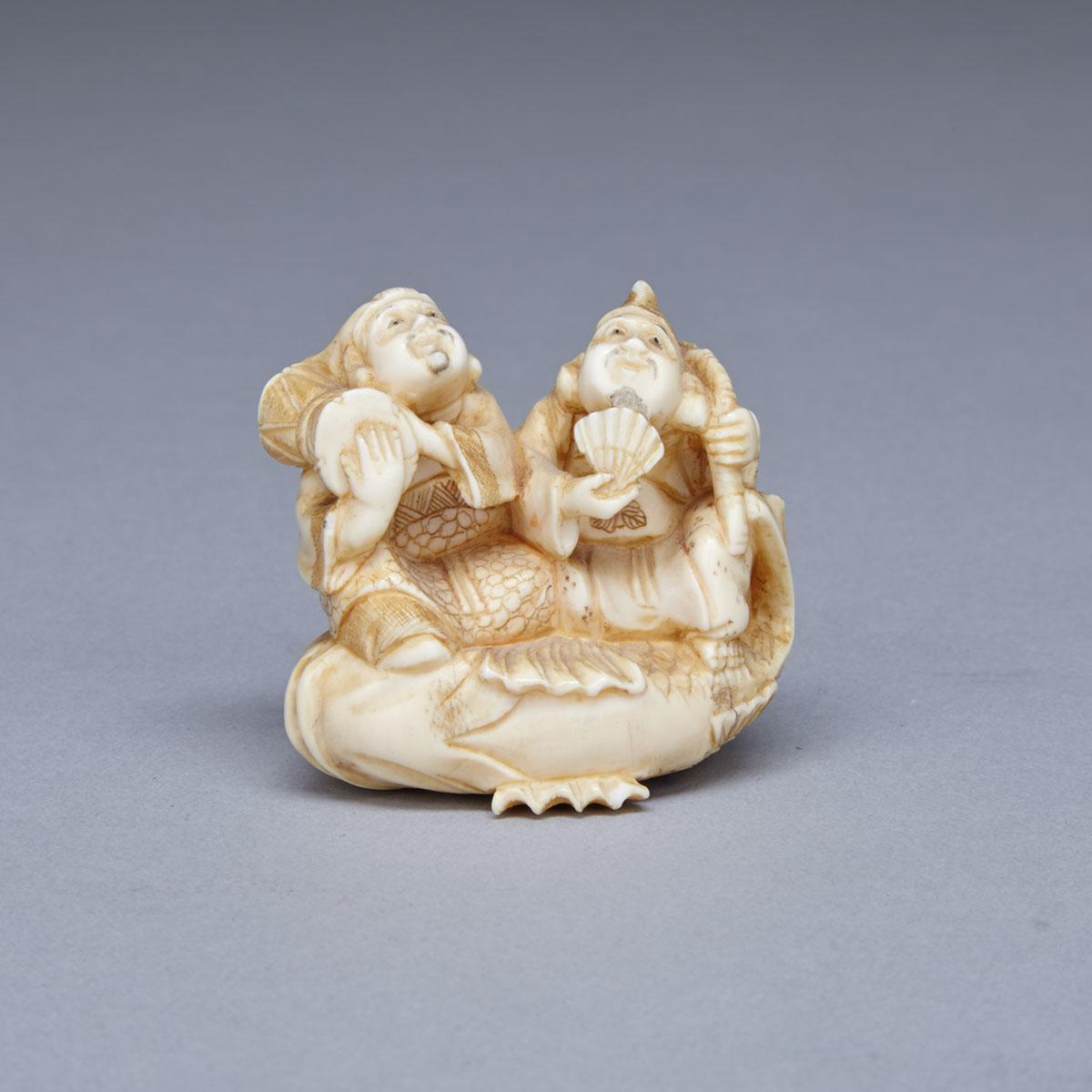Small Ivory Okimono of Ebisu and Daikoku, Late 19th Century
