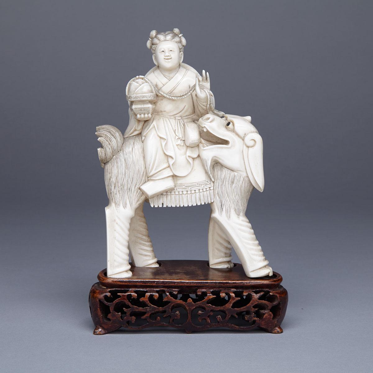 Ivory Carved Boy and Mythical Beast Group, Circa 1940