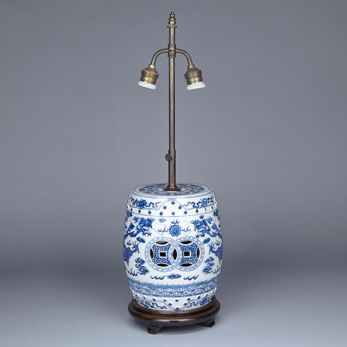 Blue and White Miniature Drum Stool, Late 19th Century
