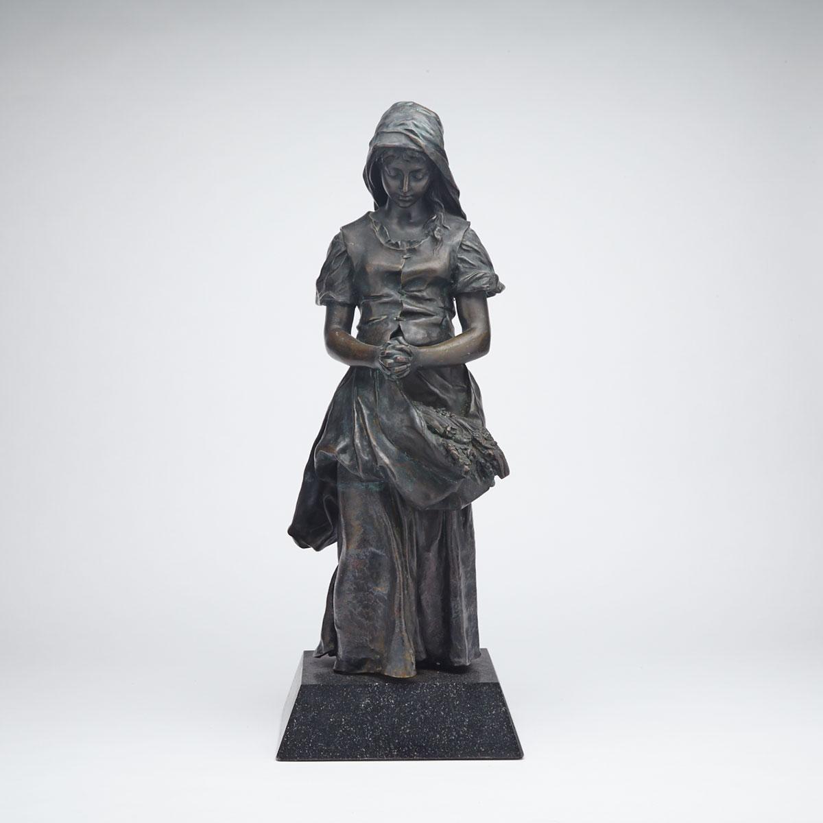 French Patinated Bronze Figure of a Young Peasant Girl in Prayer, c.1880