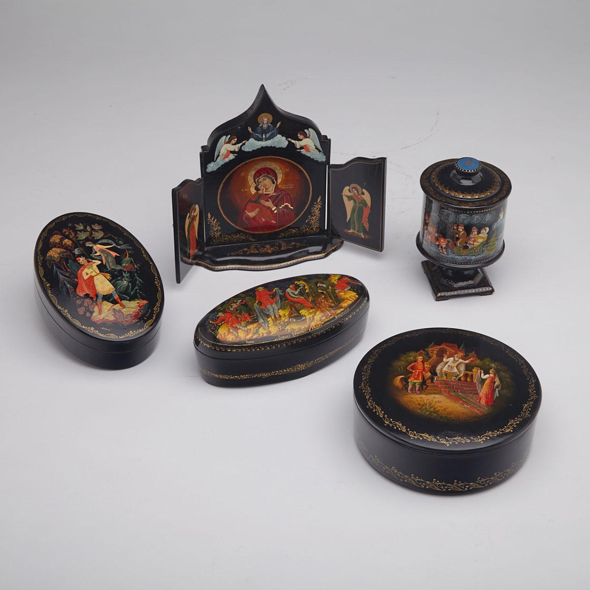 Group of Five Russian Palekh Lacquer Ware Items, late 20th century