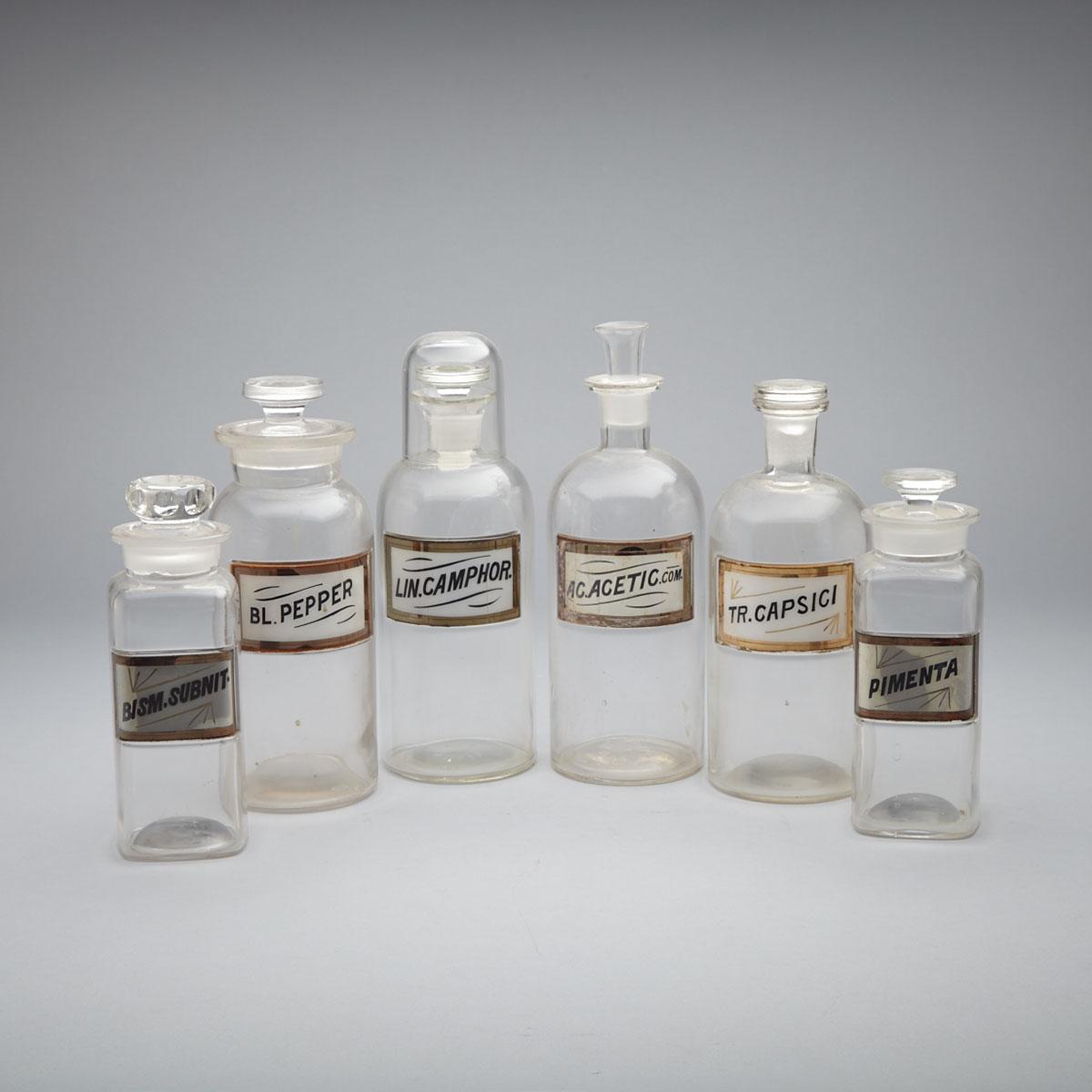 Six Glass Apothecary Bottles, 19th century