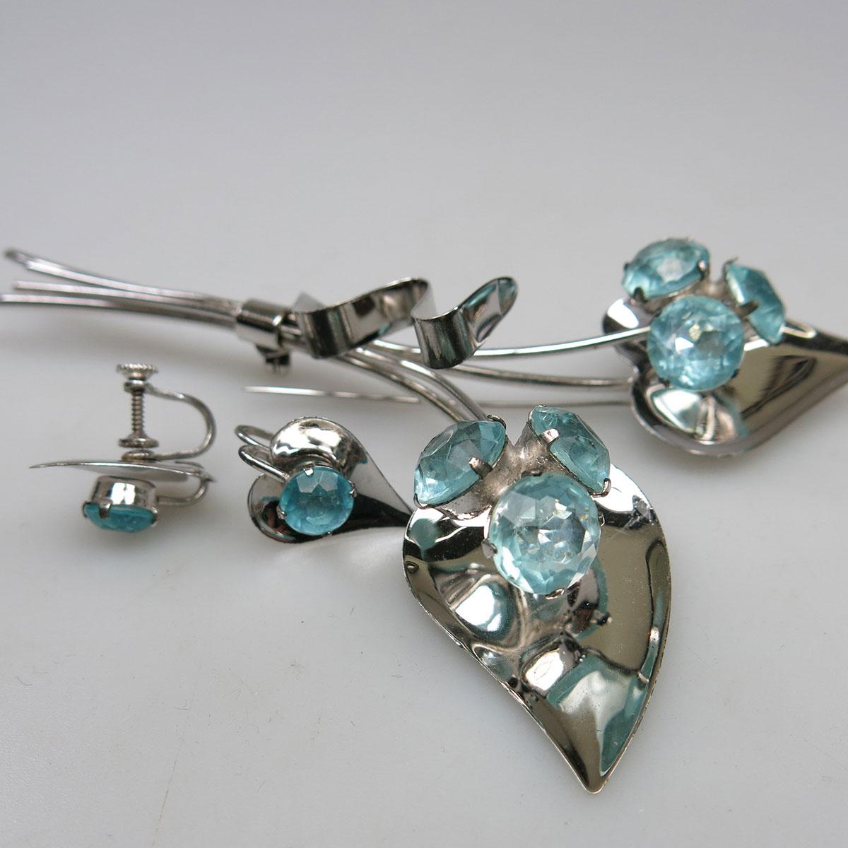 Artco Sterling Silver Floral Spray Brooch And Earrings