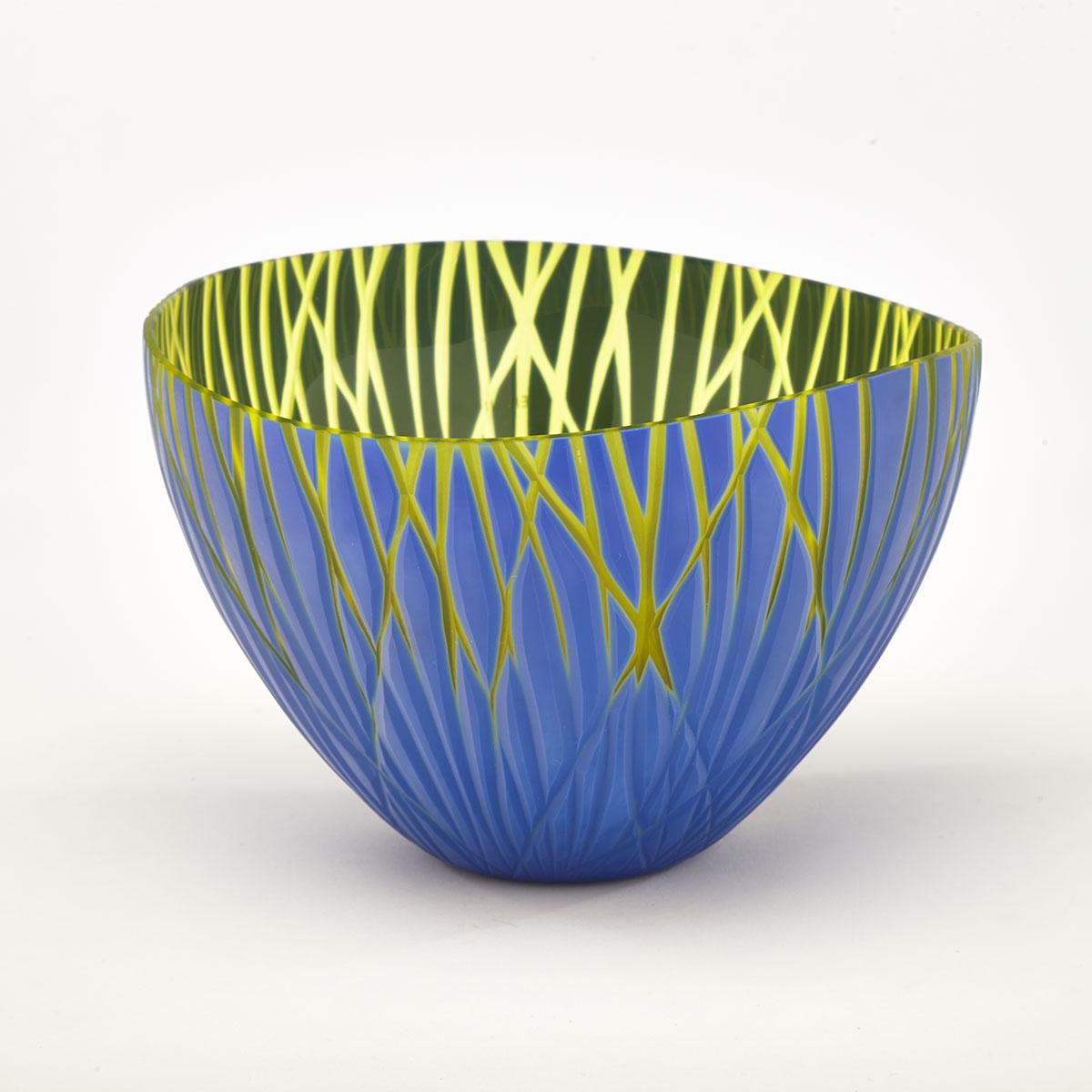 Venini Carved Opaque Blue and Yellow Glass Vase, 2004