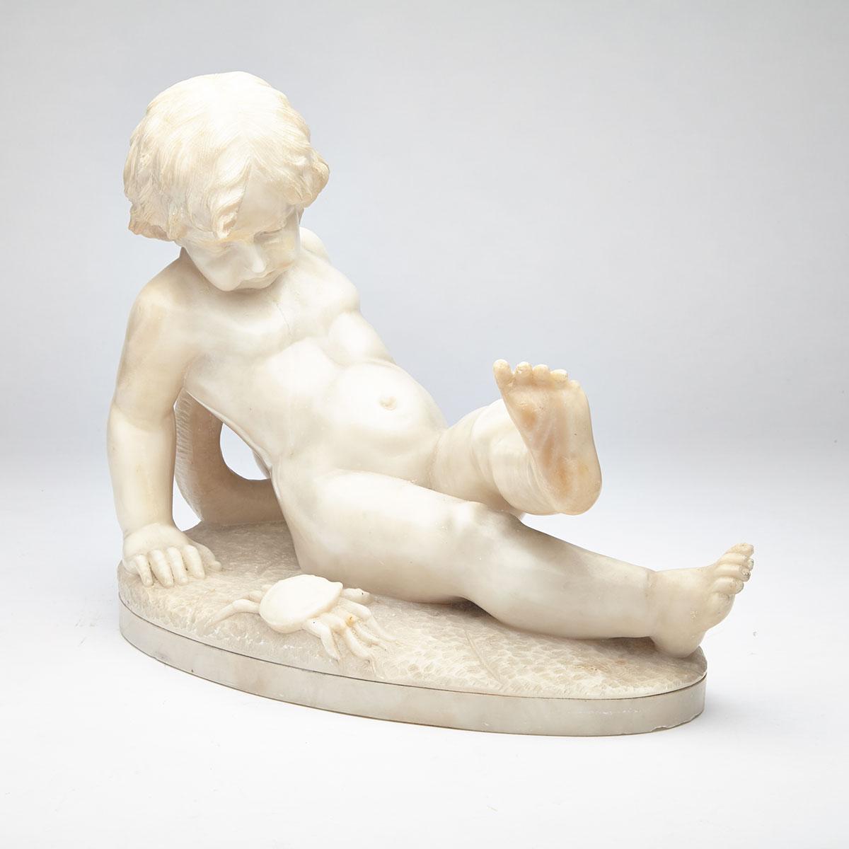 Italian Carved Marble Figure of a Young Child at Seaside with Crab and Life Buoy, c.1900