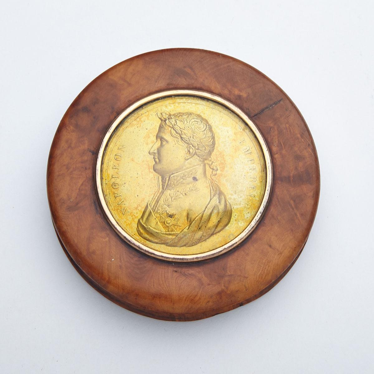 French Turned Burl Wood and Gilt Copper Snuff Box of Napoleonic Interest, mid 19th century