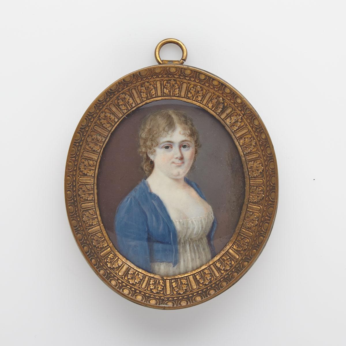 French School Portrait Miniature on Ivory of a Young Woman, 1799
