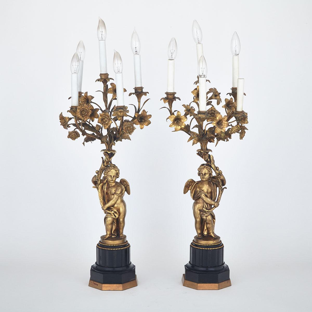 Pair of French Gilt Bronze Figural Five Light Candelabra, c.1880