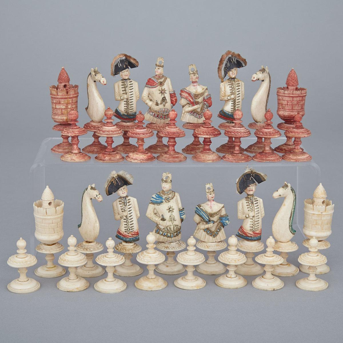 French Carved and Polychromed Bone (Cow, Bos, Bovidae) Figural Chess Set, Dieppe, c.1770