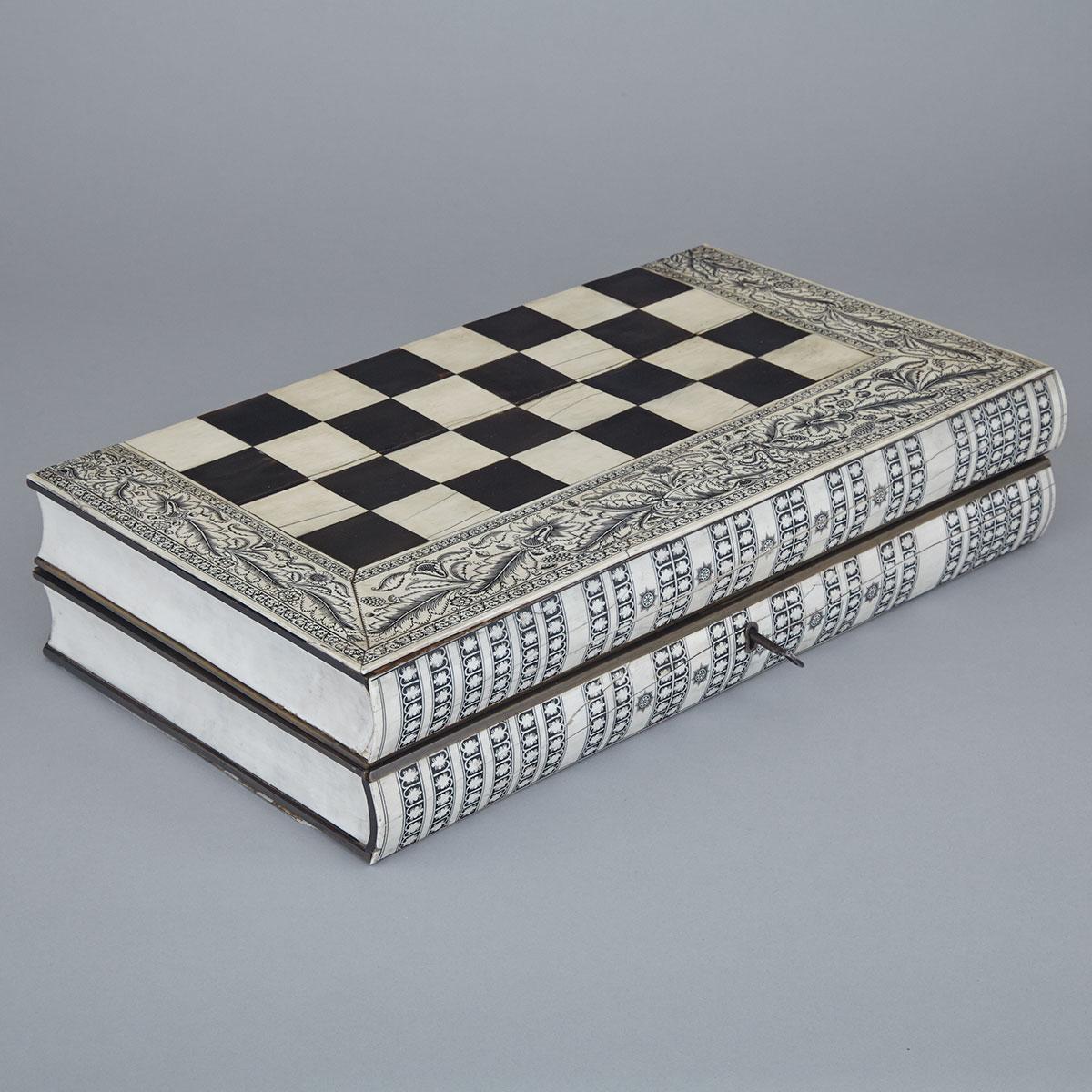 Anglo-Indian Ivory and Horn Inlaid Sandalwood Book Form Game Board, Vizagapatam, mid 19th century