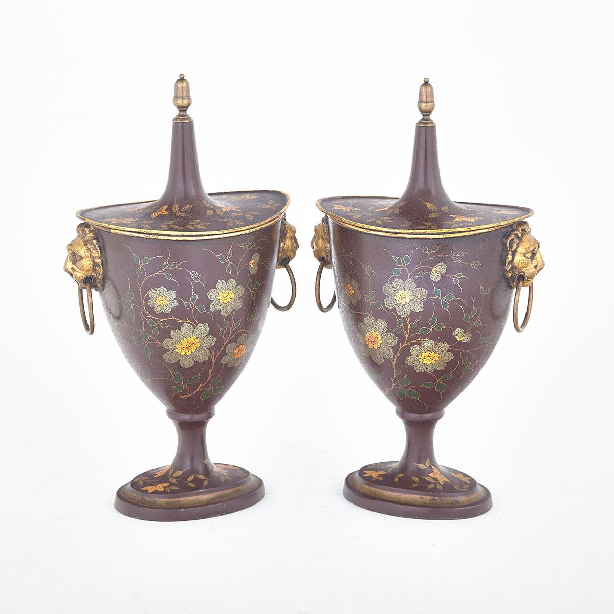 Pair of Regency Toleware Chestnut Urns, c.1815