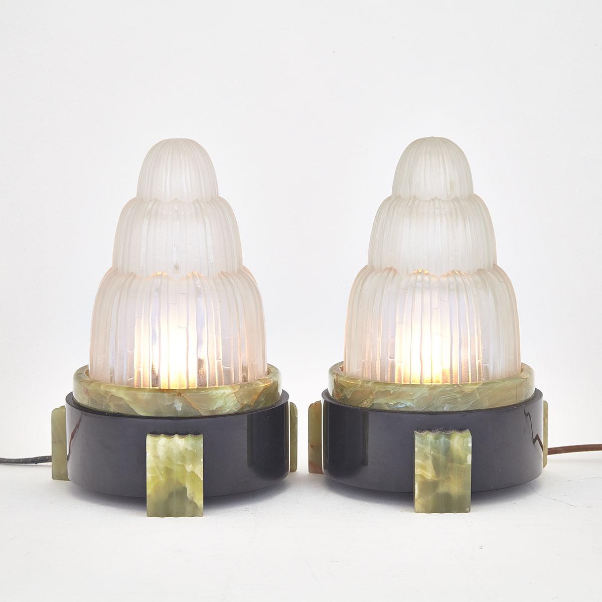 Pair of art deco glass, onyx and marble table lamps by Marius Ernest Sabino (French, 1878-1961) c.1925