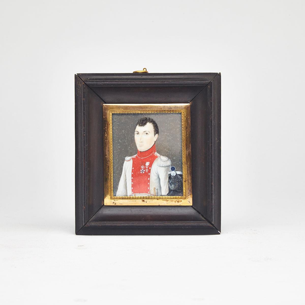 French School Portrait Miniature of a Young Restauration Voltigeur Officer, 1816