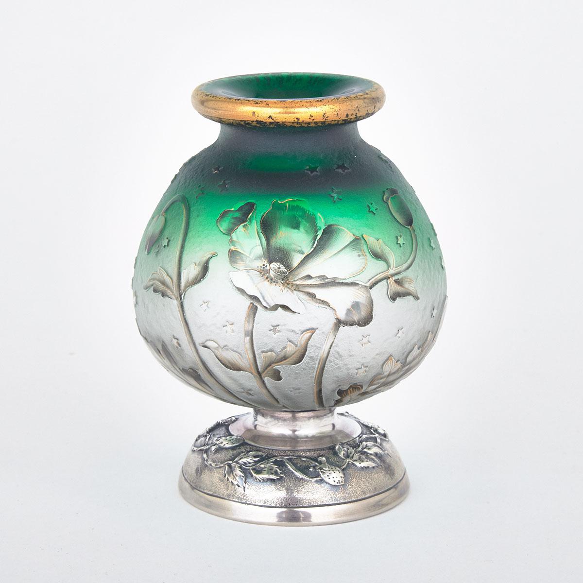 Silver Mounted Daum Cameo Glass Vase, c.1900