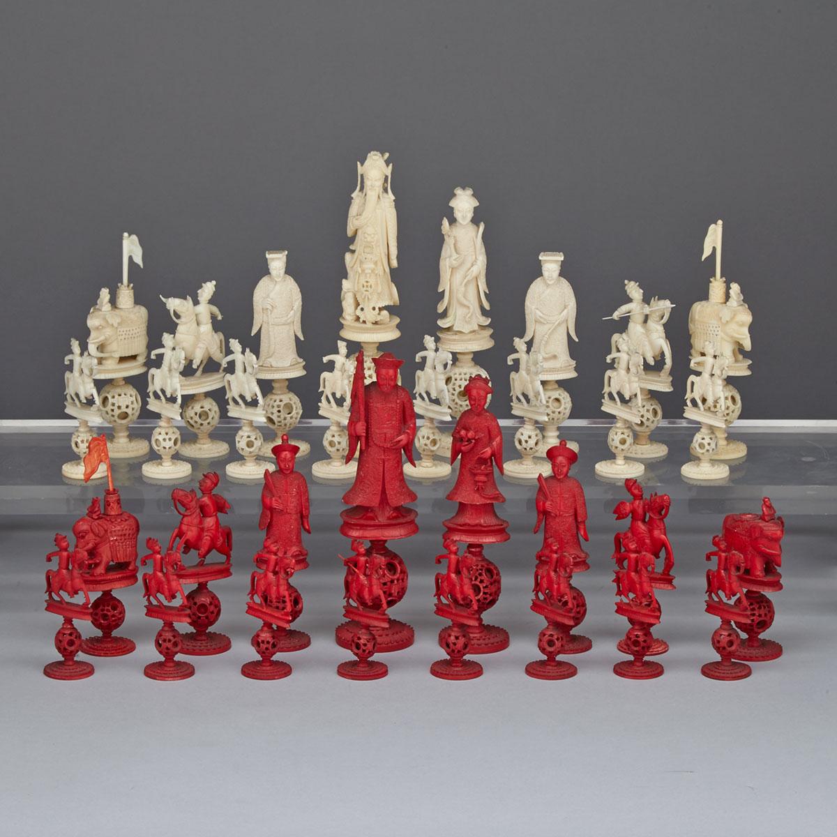 Chinese Carved Ivory Puzzle Ball Chess Set, Canton, early 20th century