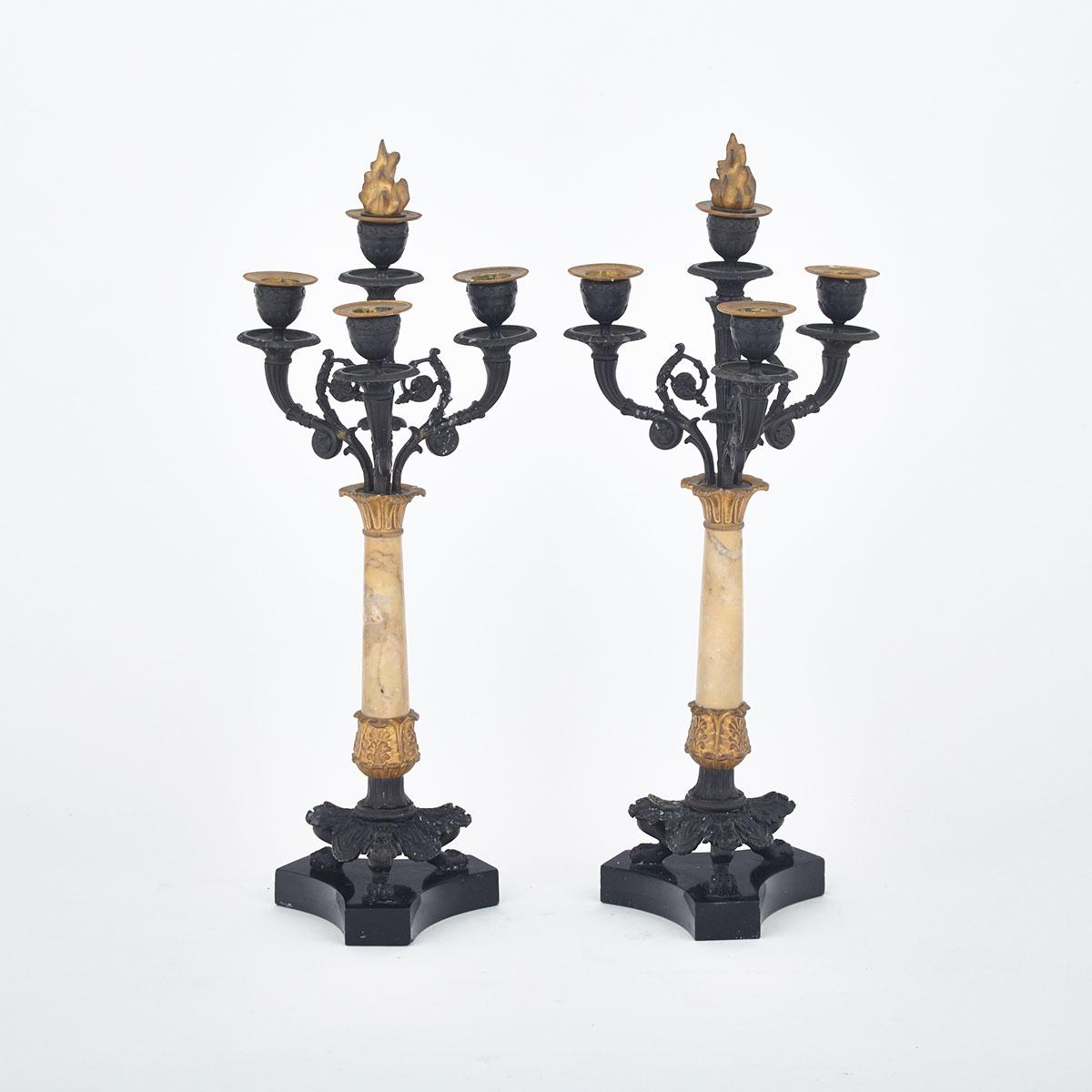 Pair of French Empire Patinated and Gilt Bronze and Siena Marble Four Light Candelabra, c.1820
