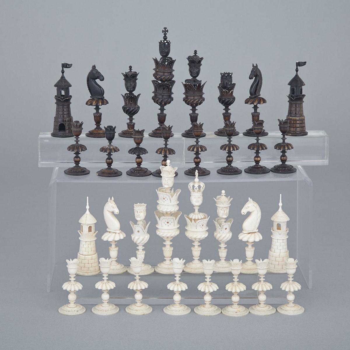 German Turned and Carved Ivory ‘Selenus’ Pattern Chess Set, early/mid 19th century