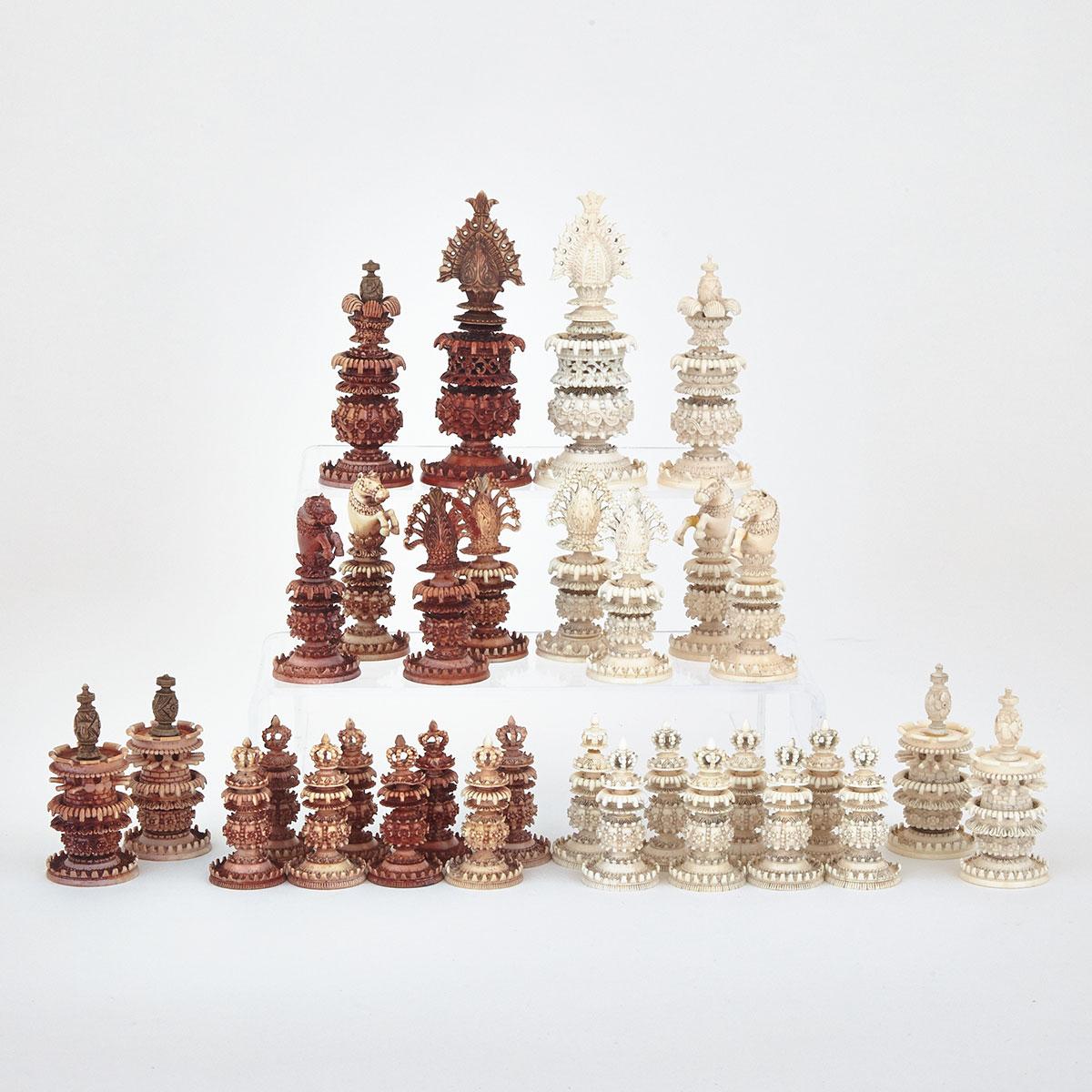Anglo-Indian Turned and Carved Ivory Chess Set, Kashmir, early/mid 19th century