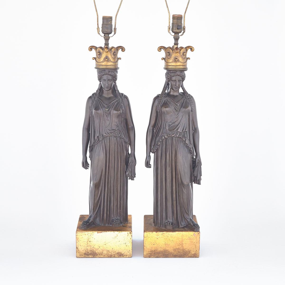 Pair of Gilt and Patinated Bronze Caryatid Form Figural Table Lamps, early 20th century
