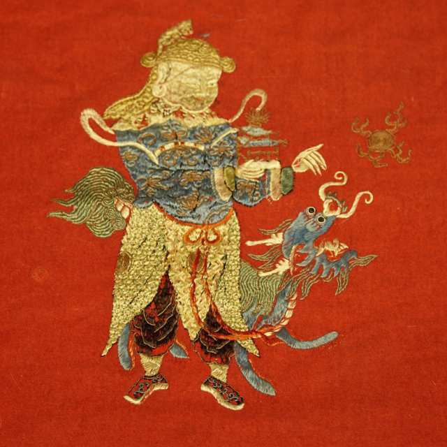Large Red Ground Silk Embroidered ‘Eight Tribute Bearers’ Panel, 19th century