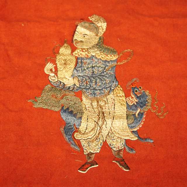 Large Red Ground Silk Embroidered ‘Eight Tribute Bearers’ Panel, 19th century
