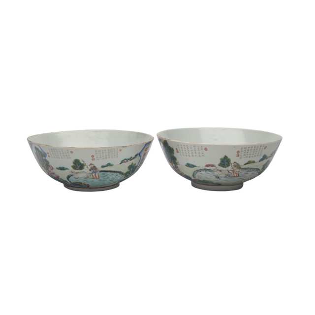 Pair of Large Famille Rose Landscape Bowls, Daoguang Mark and Period (1821-1850)