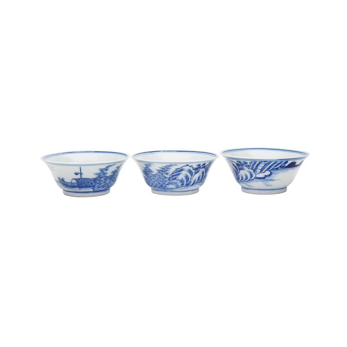 Three Export Blue and White Landscape Wine Cups, Kangxi Period (1662-1722)