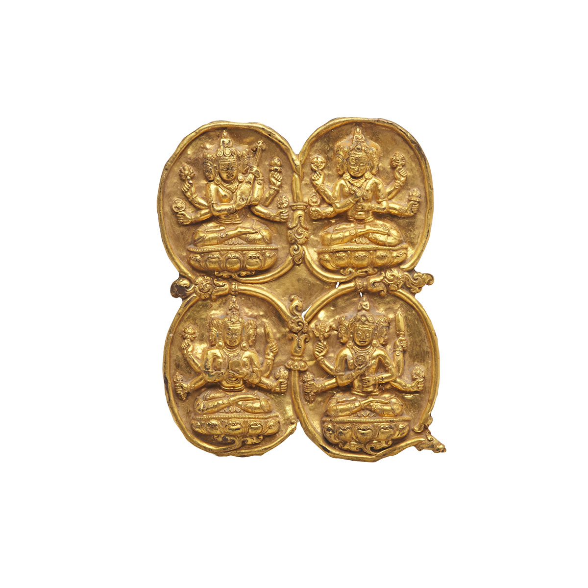 Gilt Bronze Repousse Plaque with Four BODDHISATTVAs,  Tibet, 17th/18th Century