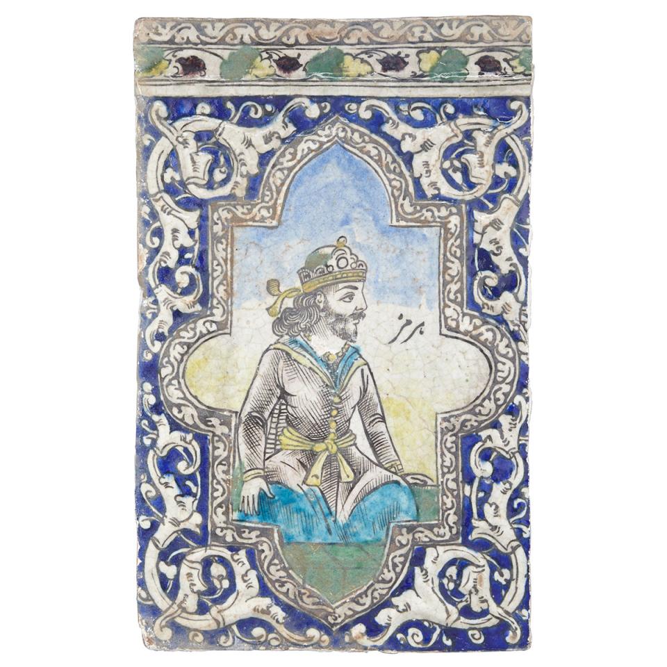 Large Polychromed Pottery Wall Tile, Persia/Qajar, Late 19th Century