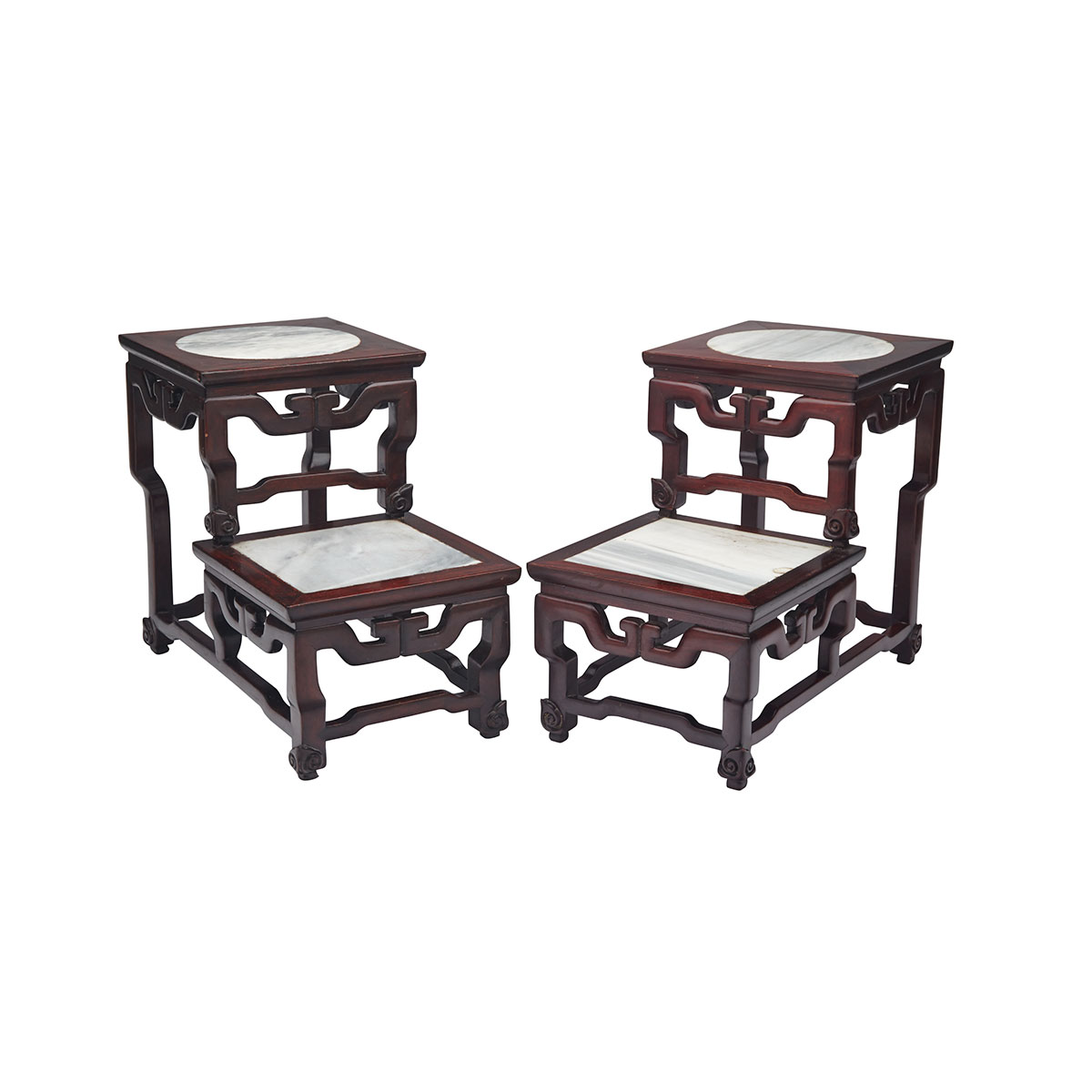 Pair of Rosewood and Marble Inlay ‘Stepped’ Stands, Mid-20th Century
