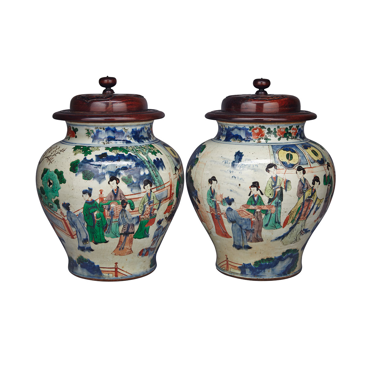 Pair of Large Wucai Figural Jars