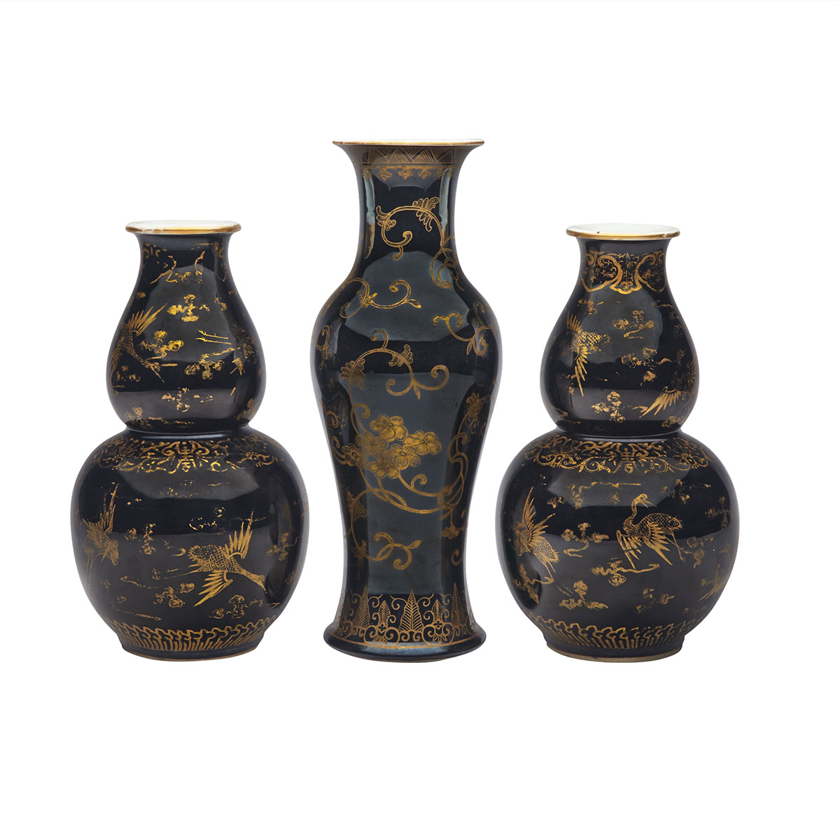 Three Mirror Black and Gilt Painted Vases, Kangxi Mark, Late 19th Century