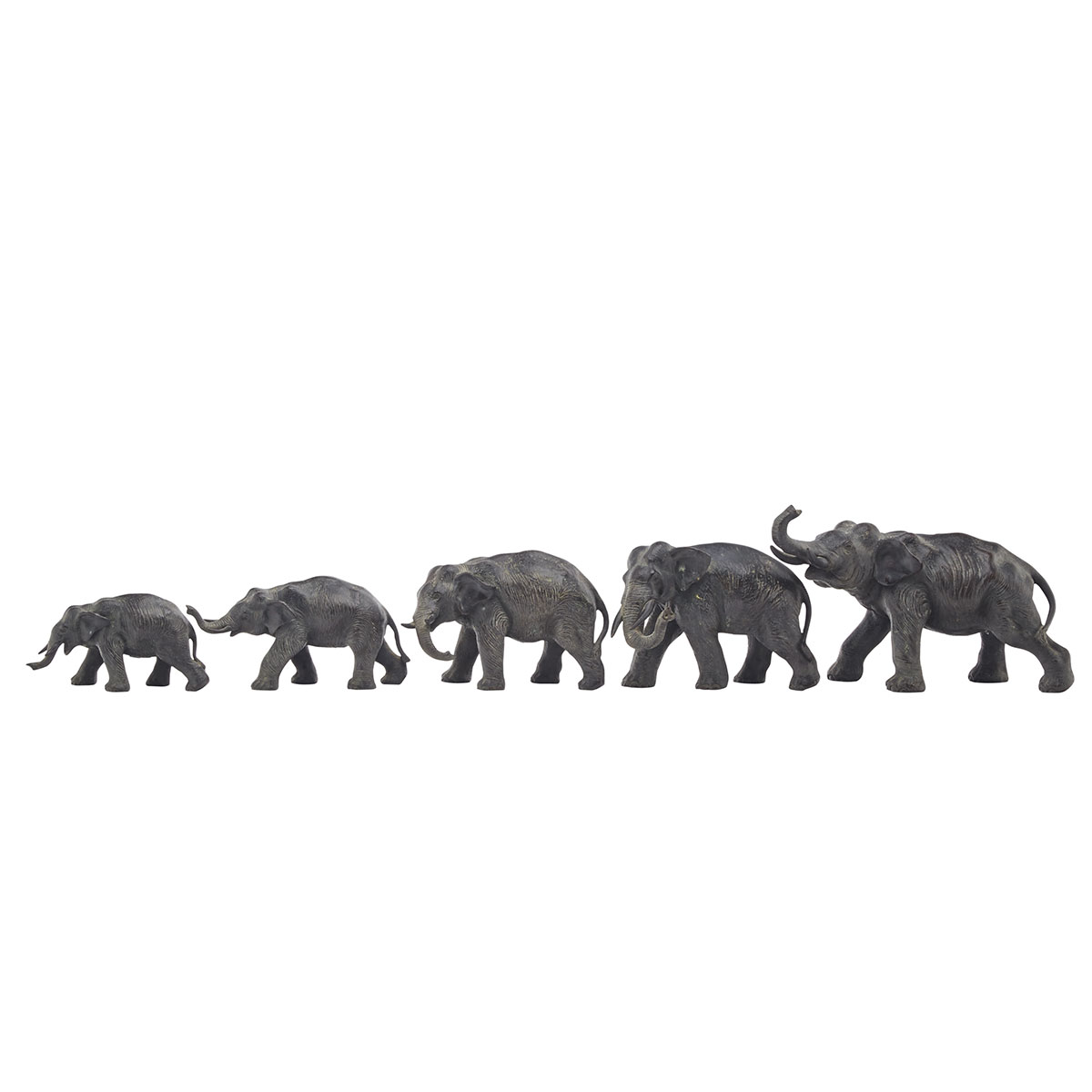 Set of Five Bronze Elephants, Signed, Circa 1900