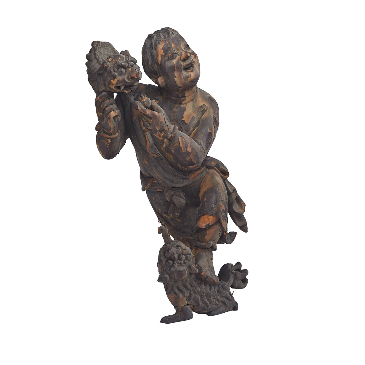 Lacquered Wood Figure of a Boy and Fu-Lions, 19th Century