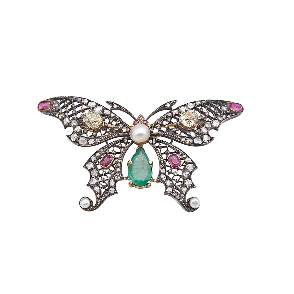14k Yellow Gold And Silver Butterfly Brooch