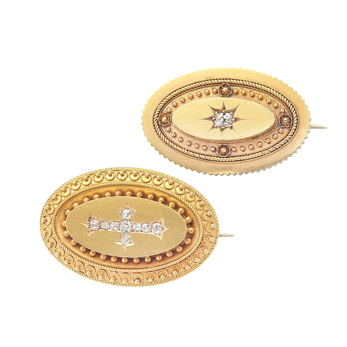 Two 19th Century English 15k Yellow Gold Oval Brooches