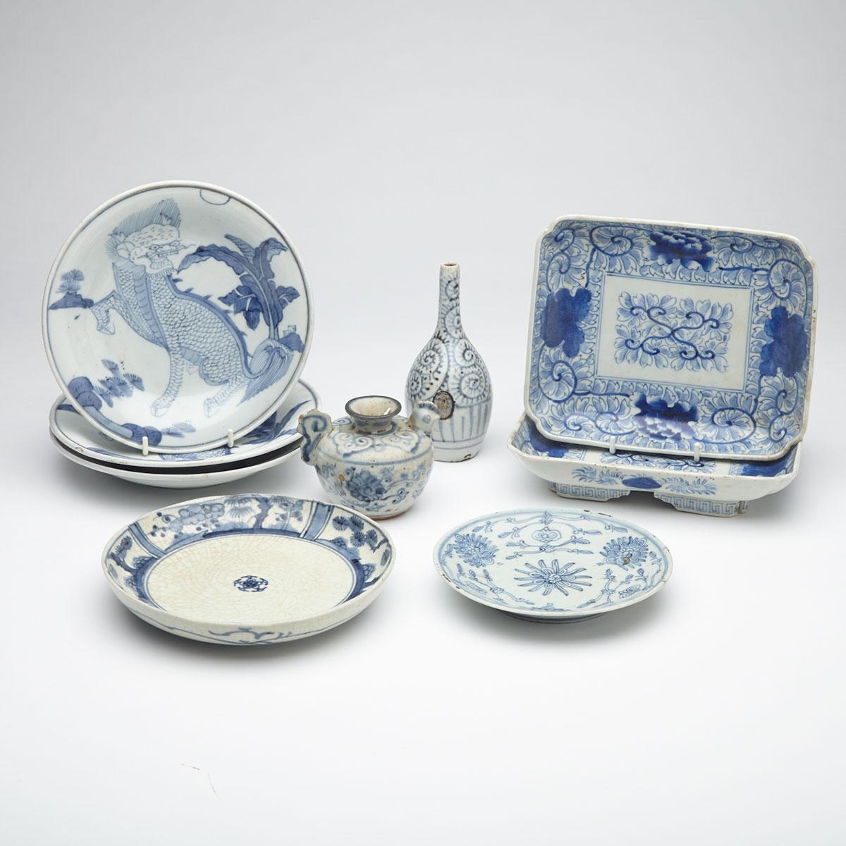 Group of Nine Blue and White Export Wares, South East Asian