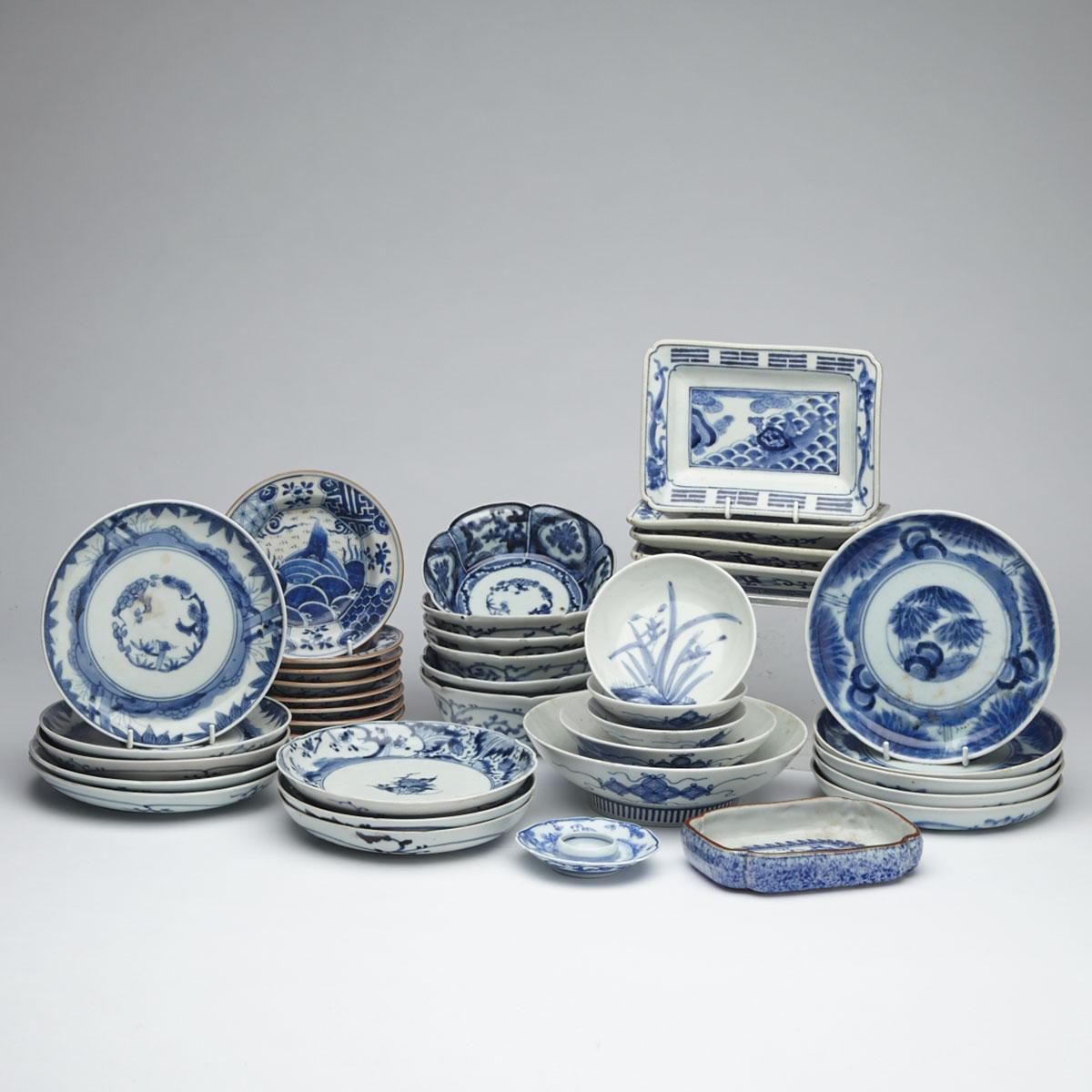 Group of 38 Japanese Blue and White Porcelain Dishes 