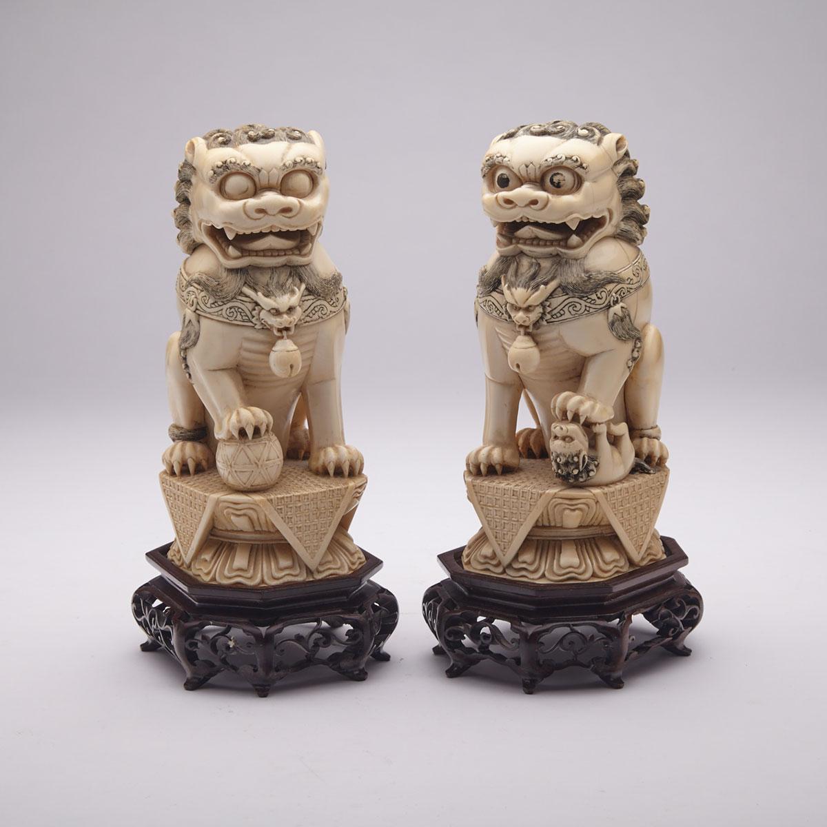 Pair of Ivory Carved Fu-Lions, Circa 1900