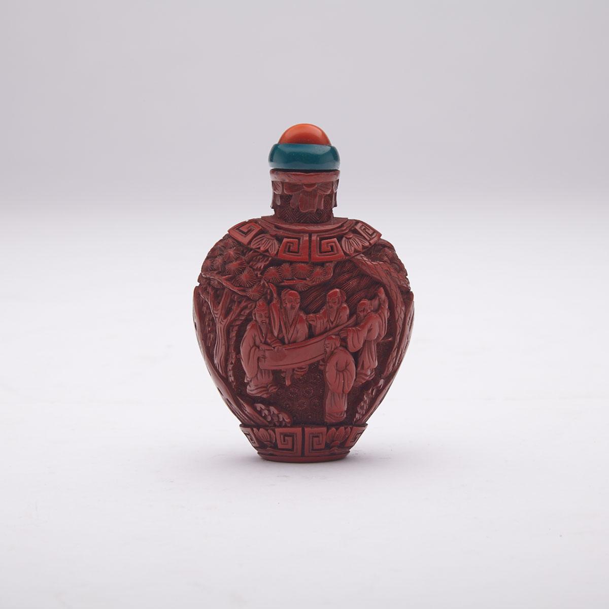 Cinnabar Lacquer Carved ‘Scholars’ Snuff Bottle, 19th Century