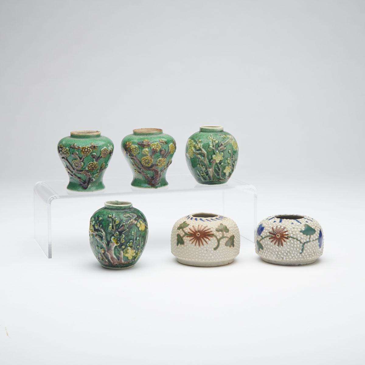 Six Miniature Slip Decorated Biscuit Fired Jarlets, 19th/20th Century