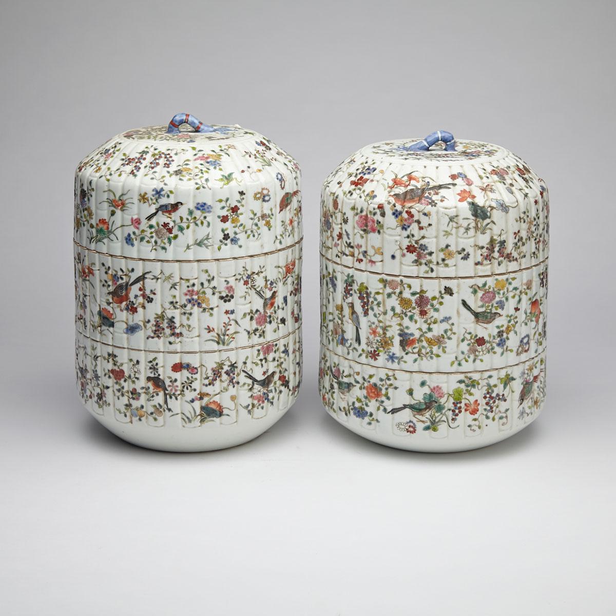 Pair of Famile Rose ‘Floral and Fauna’ Stacking Boxes and Covers