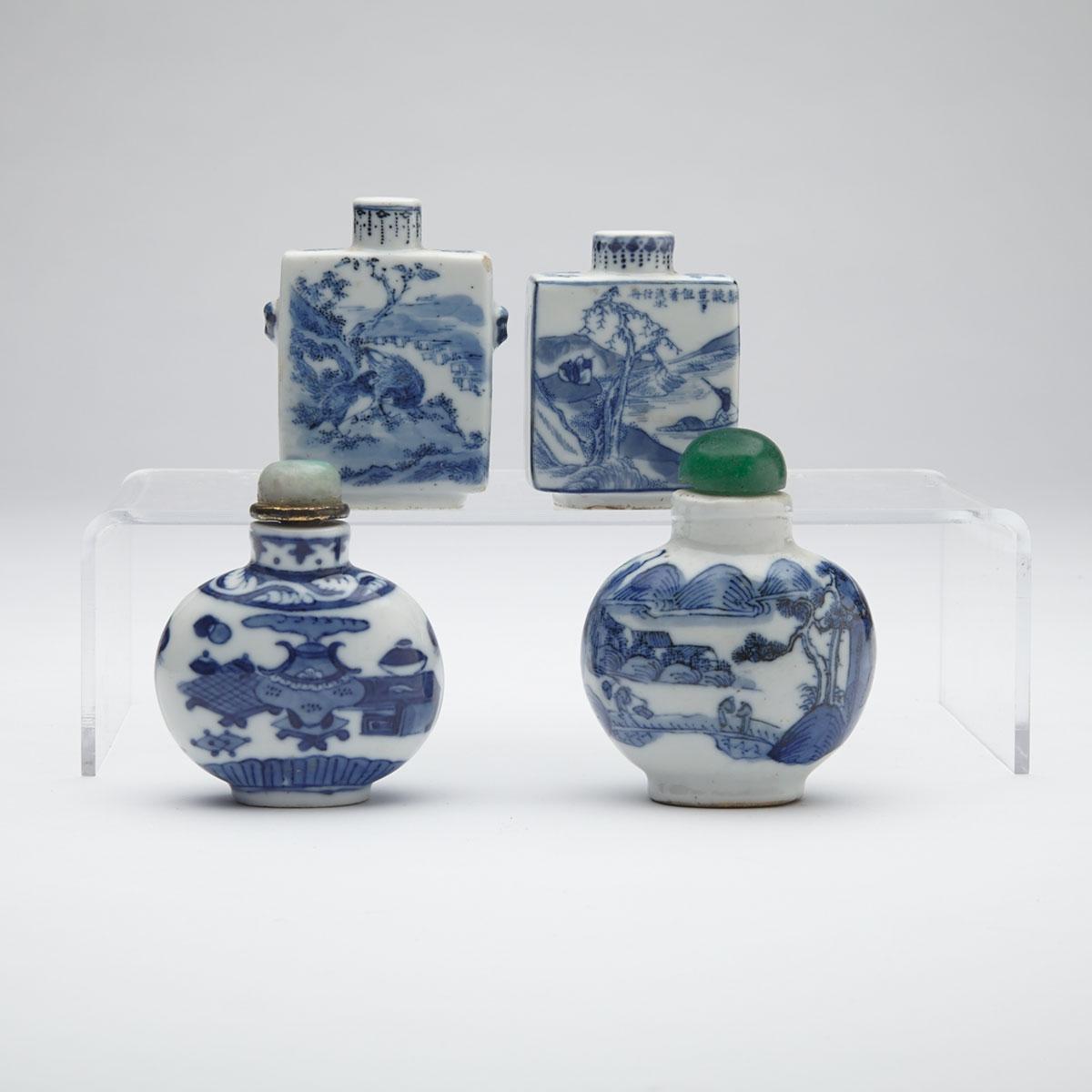 Four Blue and White Snuff Bottles, 19th Century
