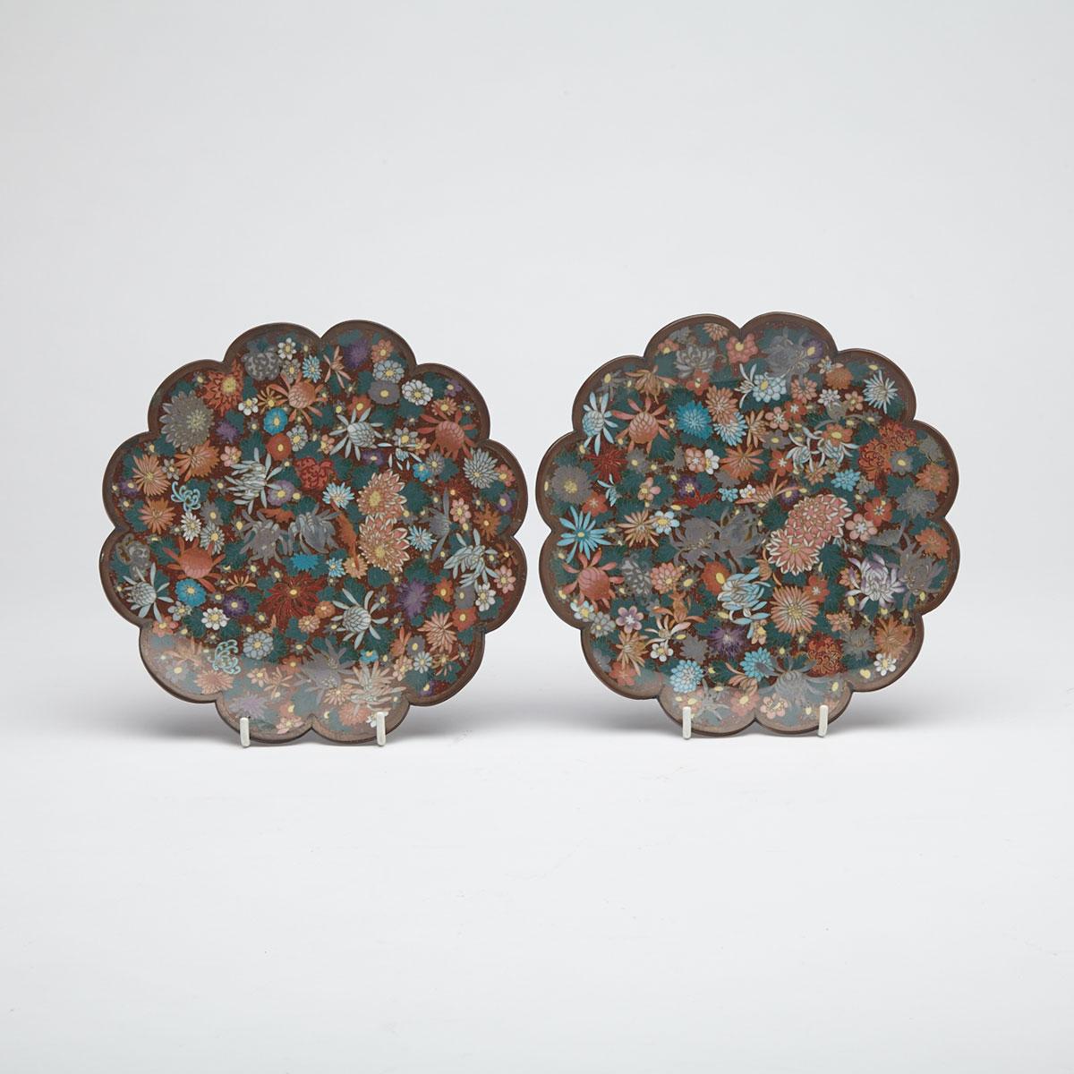 Pair of Cloisonné Enamel and Goldstone Floriform Dishes, Japan, Early 20th Century