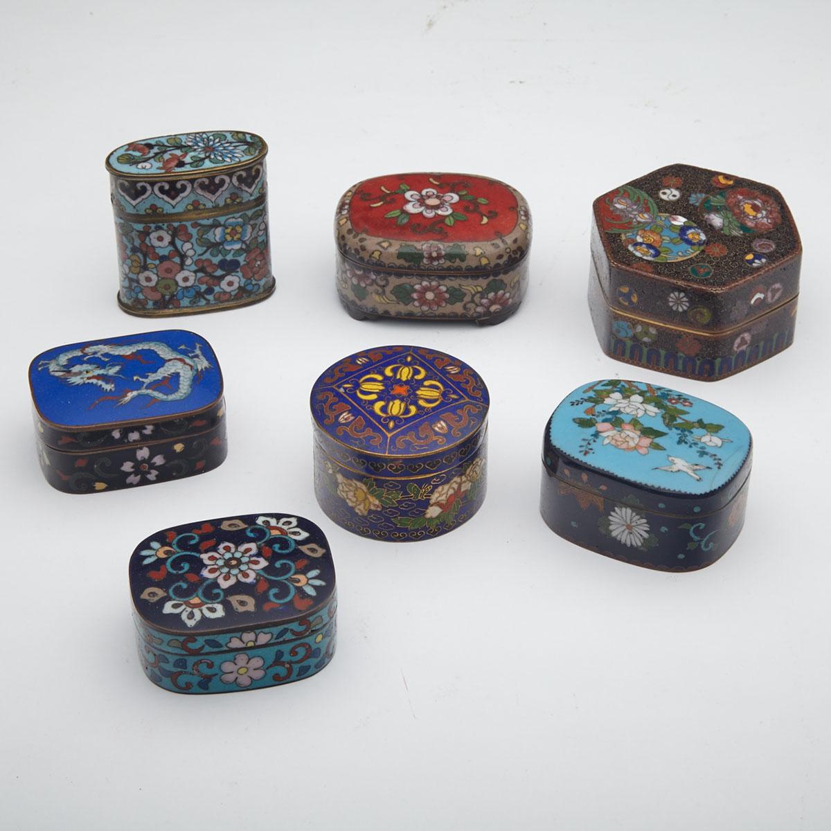 Seven Small Cloisonné Enamel Boxes, China and Japan, 19th/20th Century